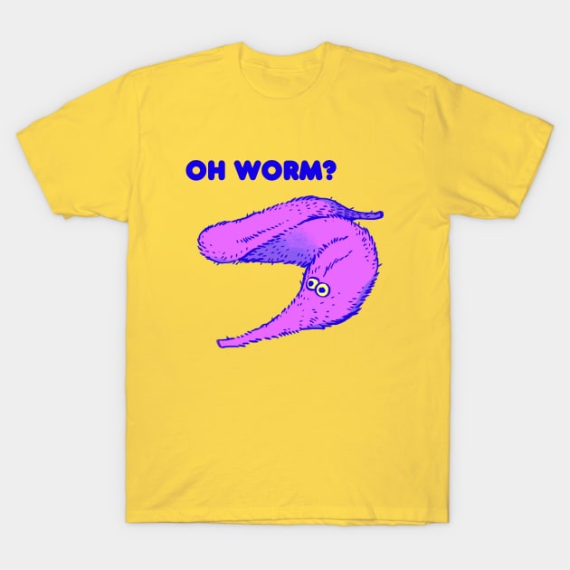 cute fuzzy purple worm on a string / oh worm meme text T-Shirt by mudwizard